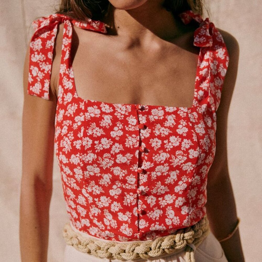 Sézane Red and White Floral Silk 'Doll' Button Up Blouse- Size FR46/US14